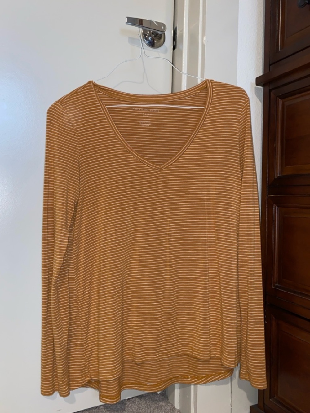 American Eagle Striped V-Neck Long Sleeve Top - Mustard & White